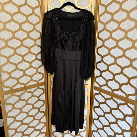 Lafayette 148 Size 4 Black Silk Sheer Sleeves Beaded Pleated Evening Gown - Picture 3 of 16